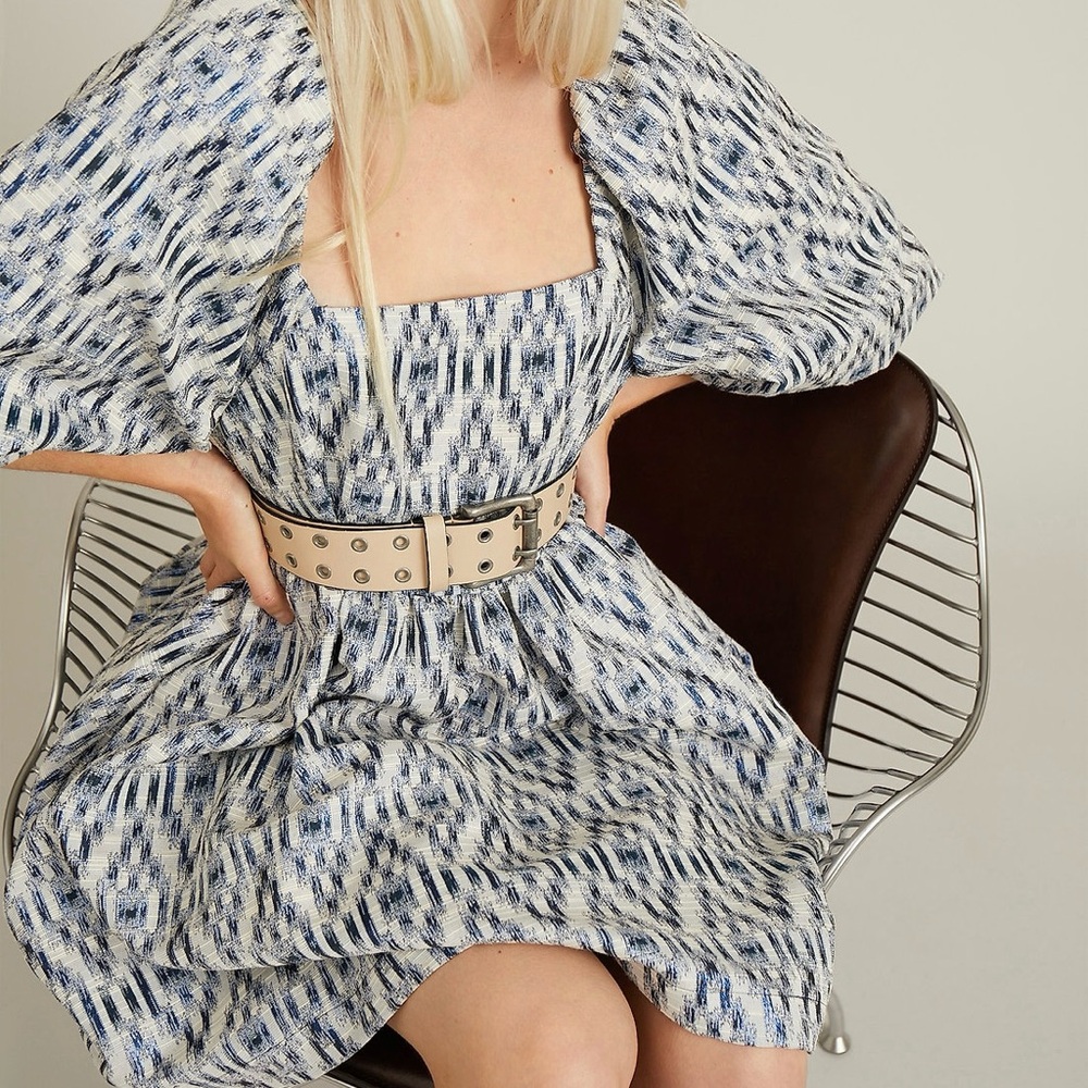 MUNTHE • Chew Blue Puff Sleeve Printed Babydoll Mini Dress Size 8